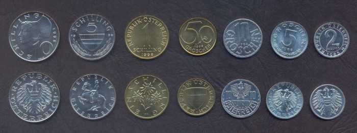 AUSTRIA SET COMPLET DE MONEDE 2+5+10+50 Groschen 1+5+10 Schilling 1982-1998 UNC