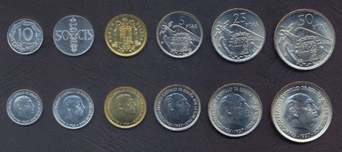 SPANIA █ SET DE MONEDE █ 10, 50 Centimos, 1, 5, 25, 50 Pesetas █ 1957-1966 █ UNC