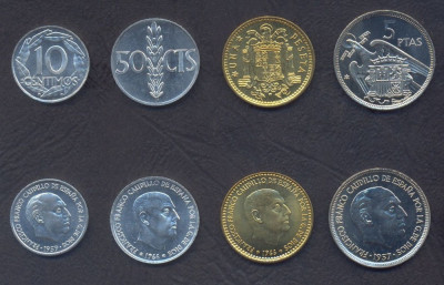 SPANIA █ SET DE MONEDE █ 10, 50 Centimos, 1, 5 Pesetas █ 1957-1966 █ UNC foto