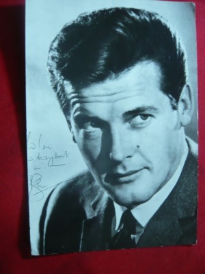 Ilustrata cu autograf tiparit - Fotografie Roger Moore - Sfantul foto