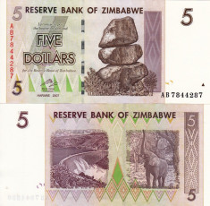 ZIMBABWE 5 dollars 2007 UNC!!! foto