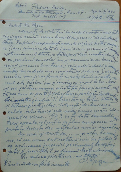 Scrisoare olografa Petru Groza catre Slt. Pasca Vasile , 1942