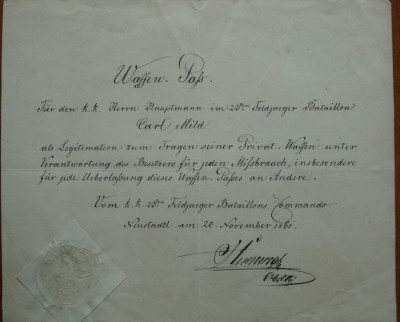Legitimatie arme proprii, Batalionul 2 Infanterie Neustadt, 1861, timbru sec foto