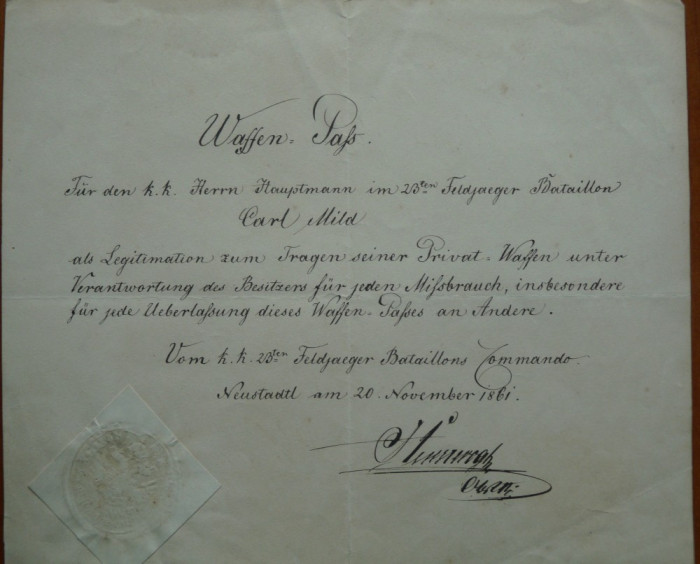 Legitimatie arme proprii, Batalionul 2 Infanterie Neustadt, 1861, timbru sec