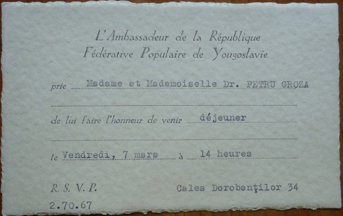 2 invitatii ale ambasadorilor Poloniei si Yugoslaviei catre Petru Groza si o invitatie encompletata, 1948