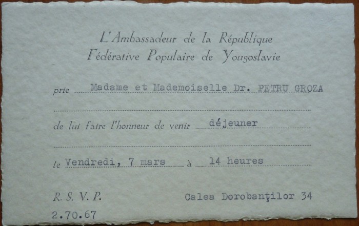 2 invitatii ale ambasadorilor Poloniei si Yugoslaviei catre Petru Groza , 1948