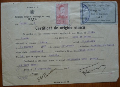 Certificat de origine etnica, Liviu Groza, fratele lui Petru Groza, 1942 foto