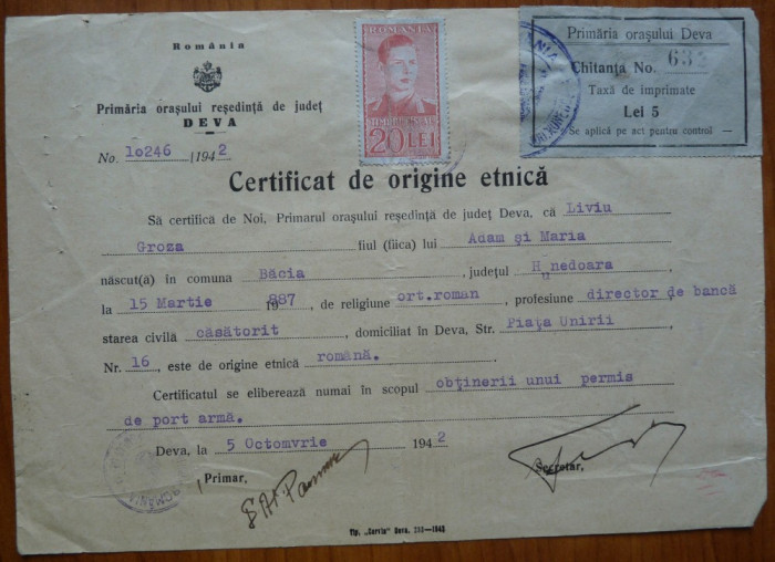 Certificat de origine etnica , Liviu Groza , fratele lui Petru Groza , 1942