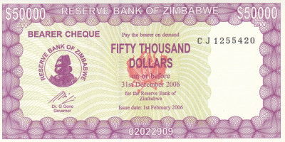 Bancnota Zimbabwe (Bearer Cheque) 50.000 Dolari 2006 - P29 UNC (mai rara) foto