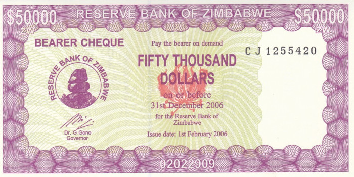 Bancnota Zimbabwe (Bearer Cheque) 50.000 Dolari 2006 - P29 UNC (mai rara)