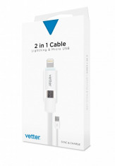 Cablu de date VETTER Lightning si Micro USB 2 in 1 Cable - ALB foto