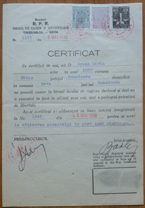 Certificat de cazier pentru permis de arma, Liviu Groza, fratele lui Petru Groza