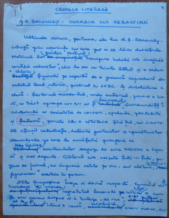 Manuscris Ovidiu S. Crohmalniceanu , Cronica literara , 9 pag. , A. E. Baconsky