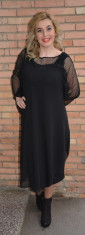 Rochie neagra de ocazie, din material elastic lucios si voal peste (Culoare: NEGRU, Marime: 44) foto