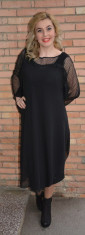 Rochie neagra de ocazie, din material elastic lucios si voal peste (Culoare: NEGRU, Marime: 50) foto