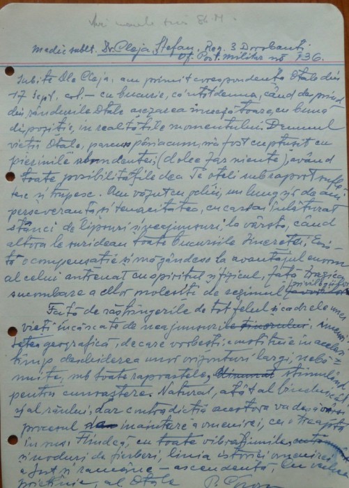 Scrisoare olografa a lui Petru Groza catre Cleja Stefan, Batalionul 3 Dorobanti, 1943