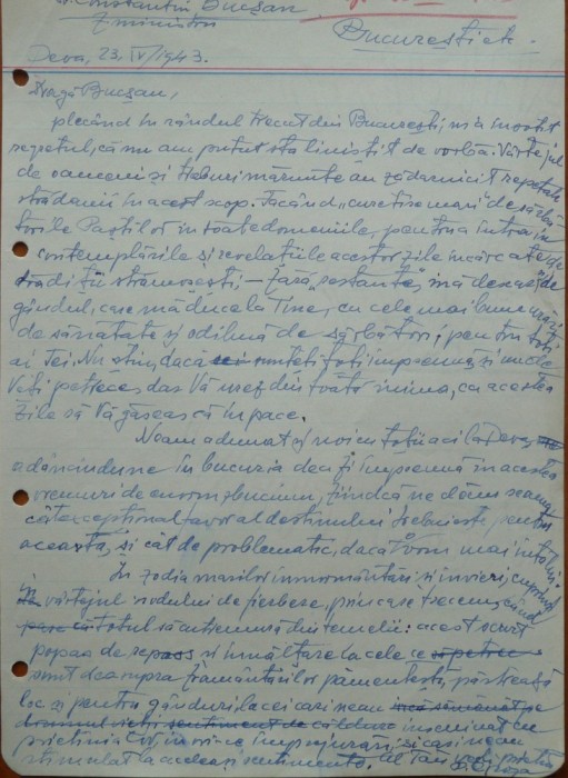 Scrisoare olografa a lui Petru Groza catre Constantin Bucsan, 1943