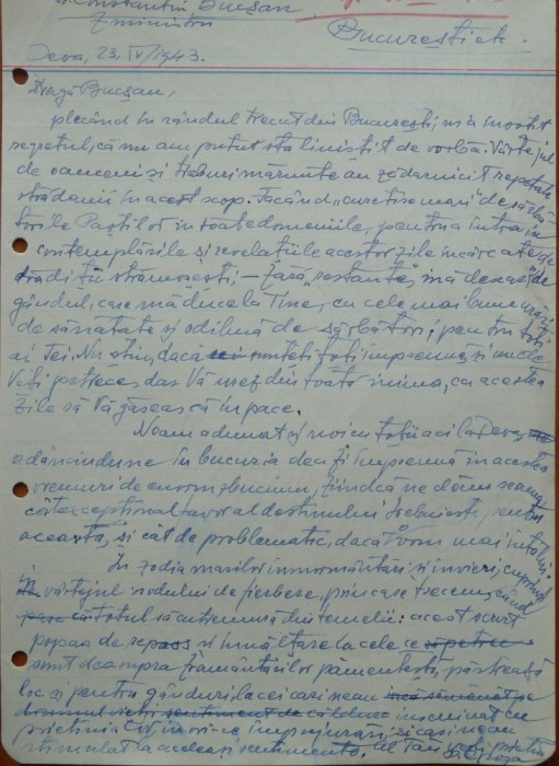 Scrisoare olografa Petru Groza catre C-tin Bucsan , 1943