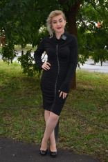 Rochie feminina, de culoare neagra, cu aplicatii de piele (Culoare: NEGRU, Marime: 38) foto