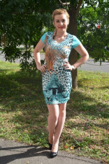 Rochie de zi din bumbac cu design oriental si animal-print (Culoare: TURCOAZ, Marime: 40) foto