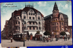 Oradea hotel Vulturul negru,Nagyvarad Fekete sas CP circulata 1916,tramvai,birja foto