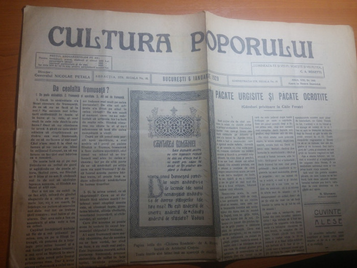 ziarul cultura poporului 6 ianuarie 1929-cantarea romaniei