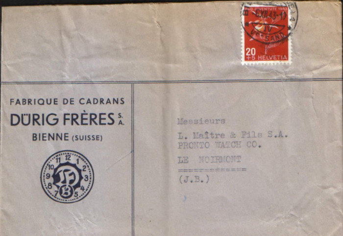 Elvetia - Plic circulat 1943 - Mi 426 - timbru carmin maroniu ,1943