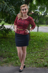 Rochie de seara , bleumarin cu dantela rosie, peplum in talie (Culoare: BLEUMARIN, Marime: 36) foto