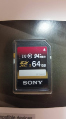 Sony SDXC UHS-I U3 64GB- card memorie 4k 94MB/s 60 MB/s viteza scriere SF64UX foto