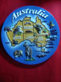 Farfurie ornamentala pictata in relief - Harta Australiei cu Fauna , d=14,3cm