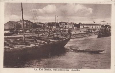 PORTUL BRAILA CU NAVA DE RAZBOI STROHSCHLEPPER CIRC. 1918 POSTA GERMANA foto