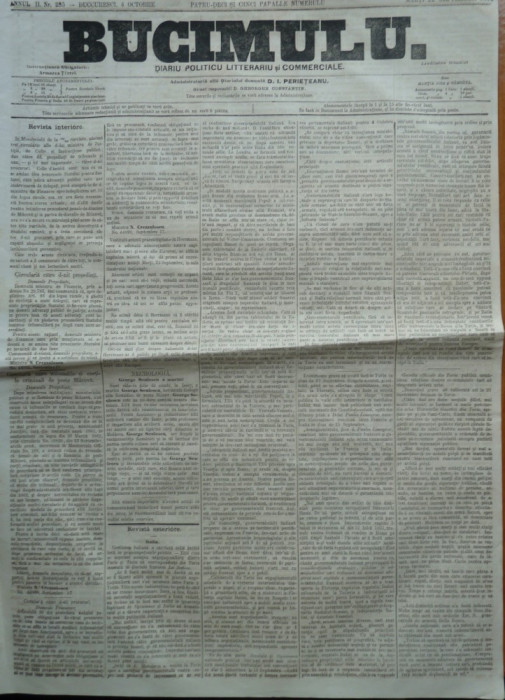 Buciumul , ziar politic , literar si comercial , 22 Septembrie 1864 , Bolliac