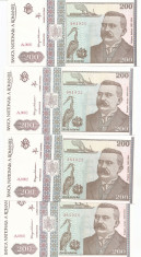 ROMANIA 4 bancnote x 200 lei 1992 UNC SERIE CONSECUTIVA foto