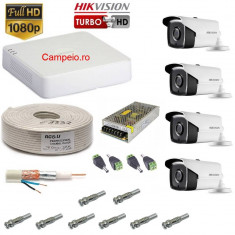 Kit complet supraveghere Hikvision 4 camera rezolutie HD 720p si infrarosu la 40m, HDD 1 TB, cablu 40m, mufe, vizualizare pe telefon, acces internet foto