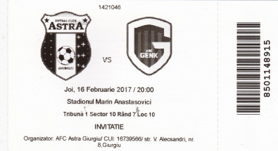 Bilet meci fotbal ASTRA GIURGIU - KRC GENK 16.02.2017 foto