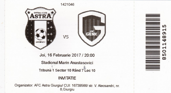 Bilet meci fotbal ASTRA GIURGIU - KRC GENK 16.02.2017