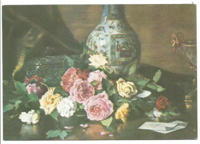 @carte postala(ilustrata)-THEODOR AMAN-Trandafiri pe masa