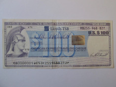 100 U.S. Dollar Travelers Cheque Lloyds TSB/Cec american calatorie de 100 dolari foto