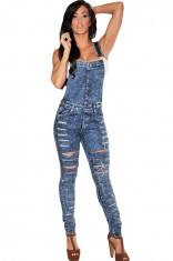 L512-444 Salopeta casual din denim prespalat cu model taiat foto