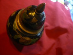 Vaza din bronz cu capac -pictata in email -motiv floral , h= 16 cm
