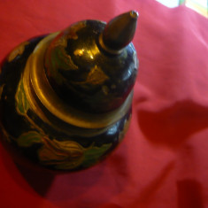 Vaza din bronz cu capac -pictata in email -motiv floral , h= 16 cm