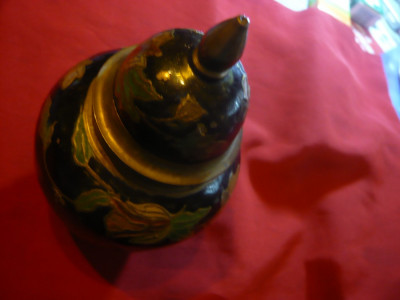 Vaza din bronz cu capac -pictata in email -motiv floral , h= 16 cm foto