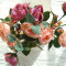Buchet 9 trandafiri cu frunze verzi - flori artificiale - h 30 cm, peach visiniu