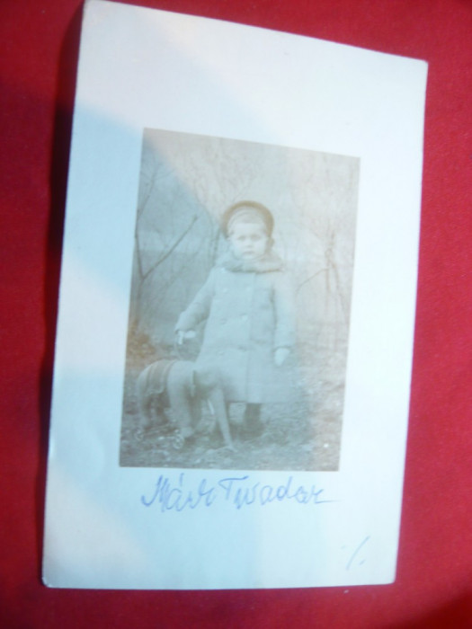 Fotografie veche - Copil de 19 luni cu palton ,bereta si jucarie elefant cu roti