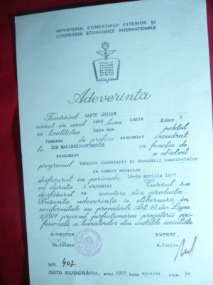 Adreverinta- Diploma de Absolvire program-Tehnica Contracte Comert Exterior 1977 foto