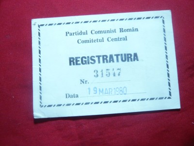 Bon de Registratura la Comitetul Central - CC al PCR ,numerotat , alb,1980 foto