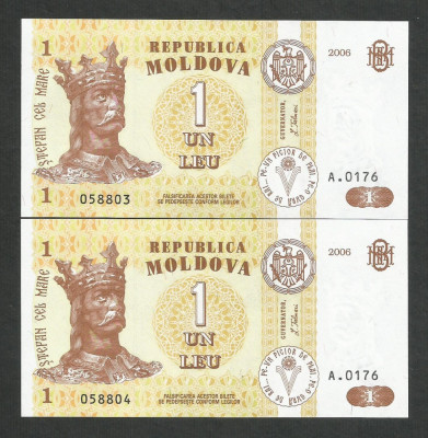 MOLDOVA 1 LEU 2006 UNC [01] P-8g , Serie consecutiva , Pret / 2buc necirculate foto