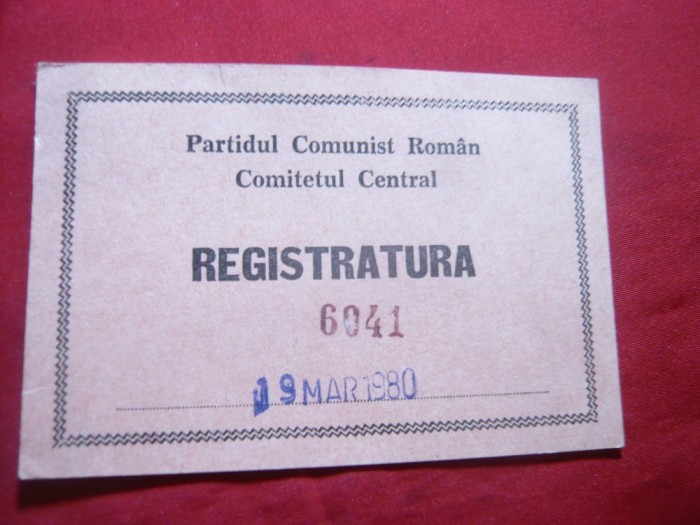 Bon de Registratura la Comitetul Central - CC al PCR, numerotata , roz