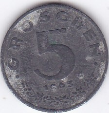 Moneda Austria 5 Groschen 1963 - KM#2875 VF ( zinc )