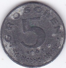 Moneda Austria 5 Groschen 1963 - KM#2875 VF ( zinc )